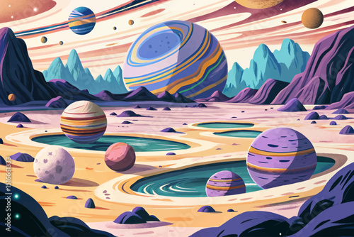 Abstract Alien planet surface vector with craters dark blue cosmos sky with space bodies. cosmic landscape. Fantasy universe object scenery illustration