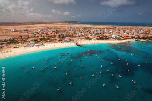Aerial view of Santa Maria, Sal Island, Cape Verde – showcasing the vibrant town, white sandy beaches, and crystal-clear waters of this popular tropical destination