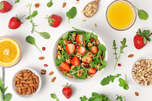 breakfast with muesli strawberry salad fresh fruits orange, top view