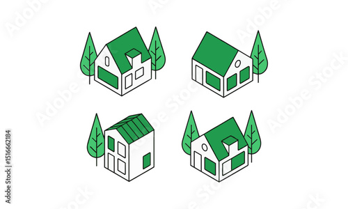 A clean, scalable vector illustration featuring four isometric-style modern houses, a distinct roof design gable, flat, and hip and presented in a simplified geometric form, easily editable.