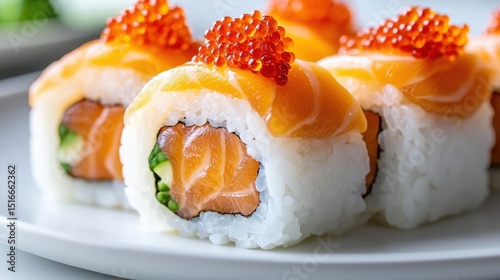 a close up image of an uramaki sushi roll filled with fresh alaska salmon and topped with vibrant red tobiko, creating a visually stunning and delicious japanese delicacy.