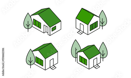 A clean, scalable vector illustration featuring four isometric-style modern houses, a distinct roof design gable, flat, and hip and presented in a simplified geometric form, easily editable.