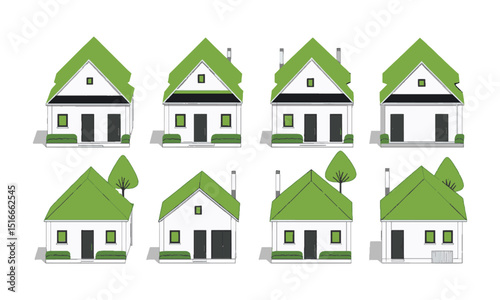A clean, scalable vector illustration featuring four isometric-style modern houses, a distinct roof design gable, flat, and hip and presented in a simplified geometric form, easily editable.