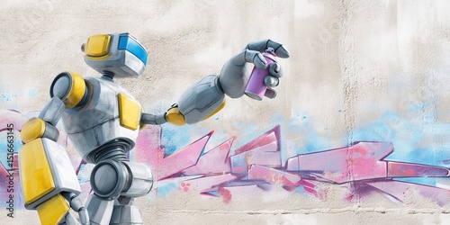 dynamic angle photo of robot graffiti artist, the robot is spray painting a wall mural of a hand 