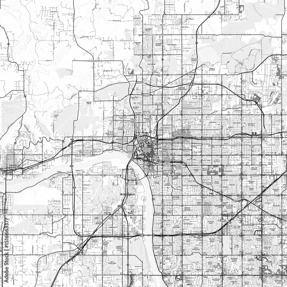 Naklejka premium Tulsa Area Map with Labels and Neighborhoods - One color, minimalistic design