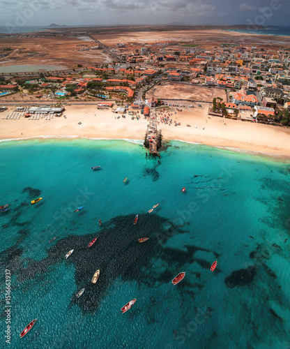 Aerial view of Santa Maria, Sal Island, Cape Verde – showcasing the vibrant town, white sandy beaches, and crystal-clear waters of this popular tropical destination