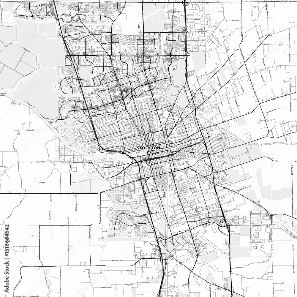 Fototapeta premium Stockton Area Map with Labels and Neighborhoods - One color, minimalistic design