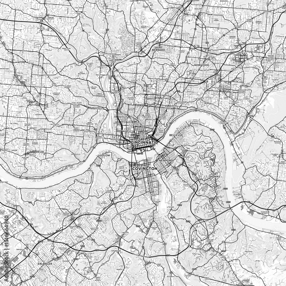 Naklejka premium Cincinnati Area Map with Labels and Neighborhoods - One color, minimalistic design