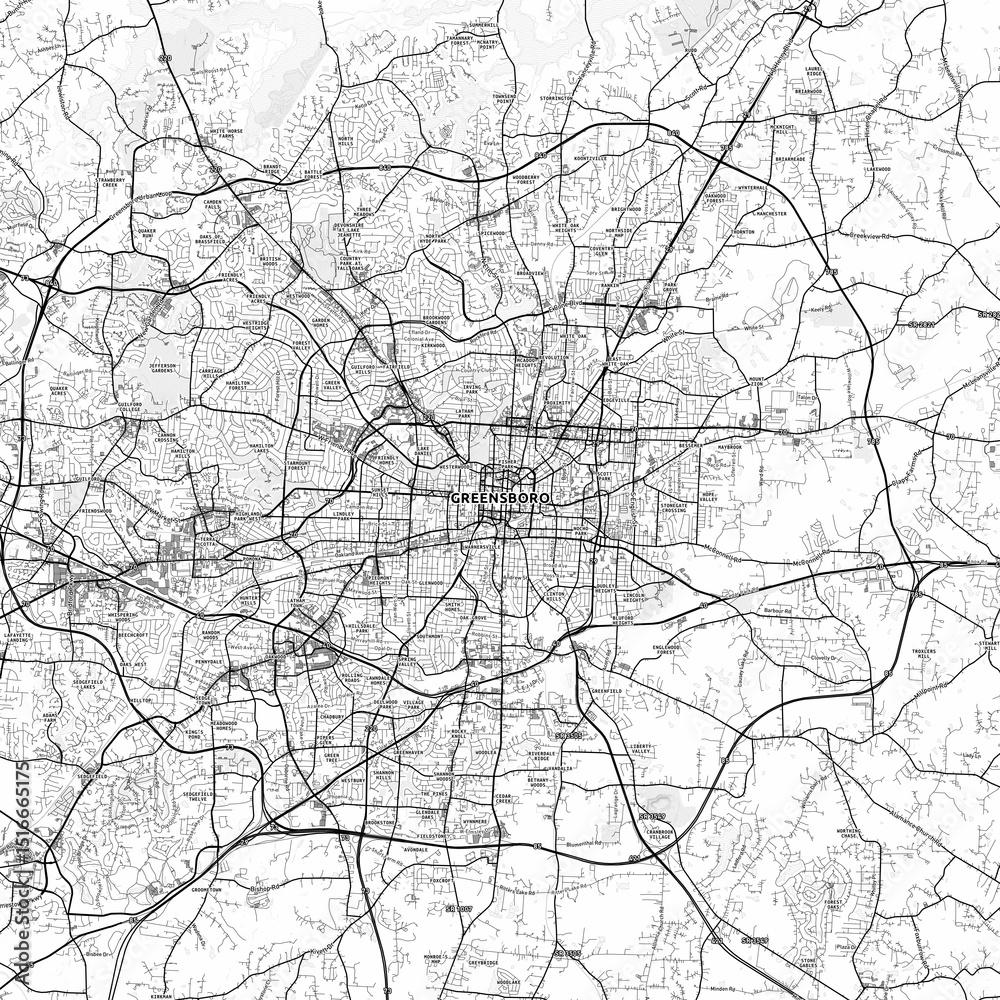 Obraz premium Greensboro Area Map with Labels and Neighborhoods - One color, minimalistic design