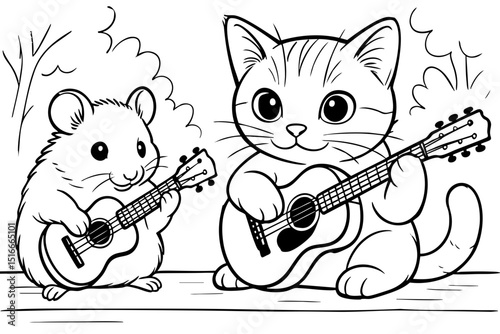 Cute Cat and Mouse Playing Guitars