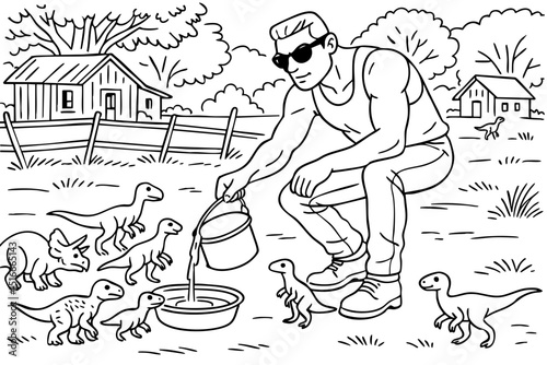 Man Feeding Baby Dinosaurs on a Farm