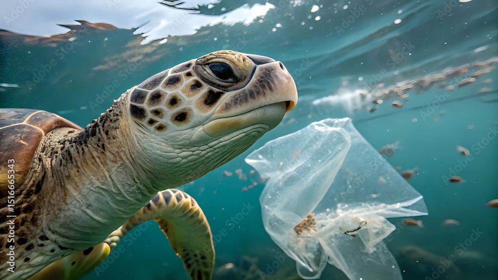Fototapeta premium Portrait of sea turtle swims underwater, plastic pollution visible, environmental problem and ocean clean up concept
