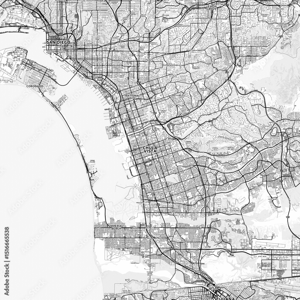 Naklejka premium Chula Vista Area Map with Labels and Neighborhoods - One color, minimalistic design
