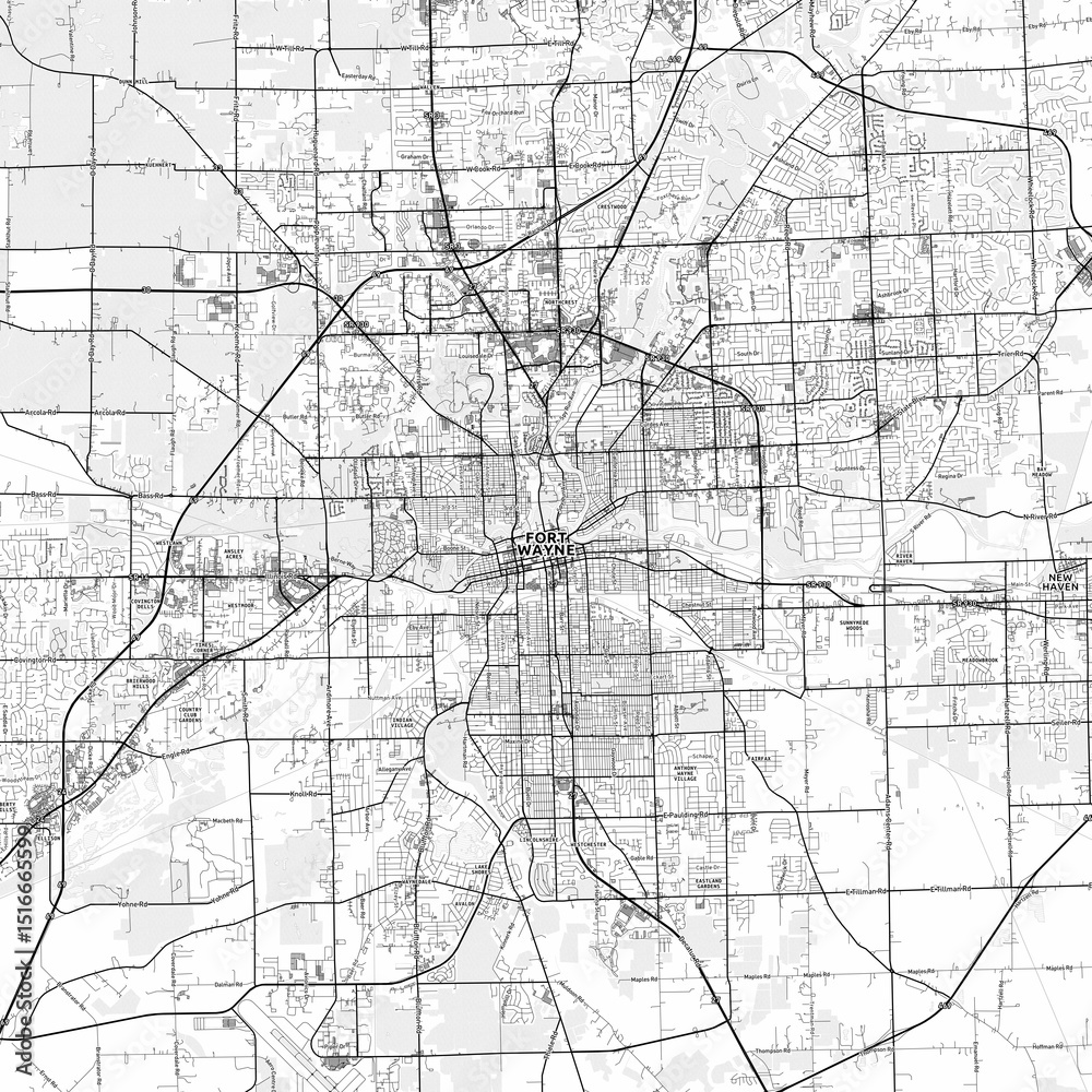 Obraz premium Fort Wayne Area Map with Labels and Neighborhoods - One color, minimalistic design
