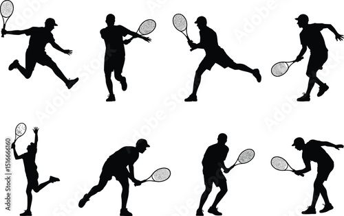Silhouette of tennis players in action poses with racket, sports vector illustration, athlete icons, black isolated figures, competitive movement