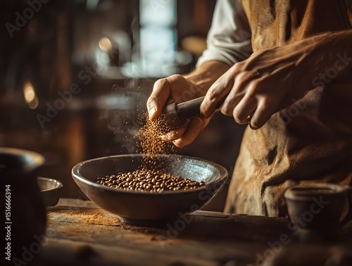 Cozy Coffee Shop Atmosphere Featuring Hand Grinding of Premium Beans, close up of hands holding coffee grinder