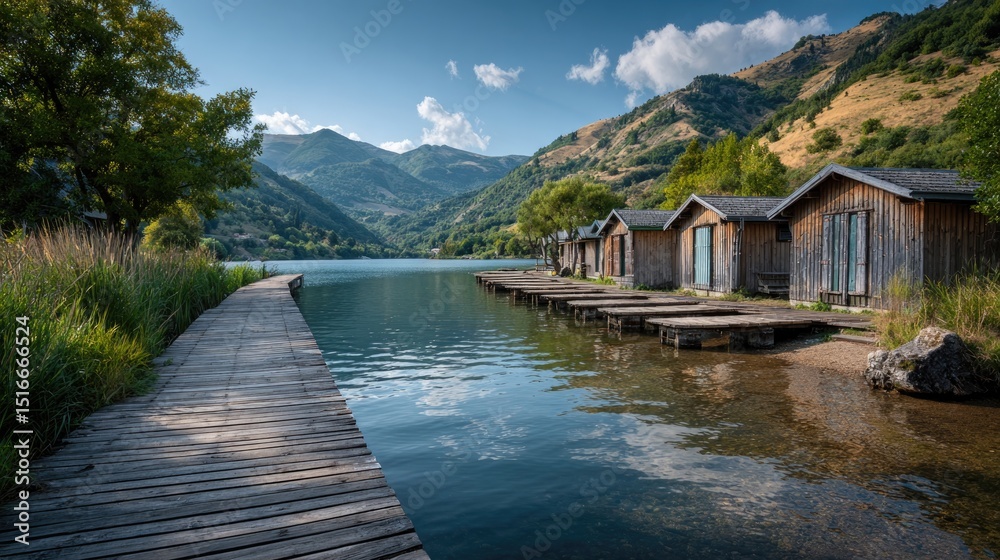 Naklejka premium serene lakeside retreat with empty wooden docks and minimalistic cabins set against green hills