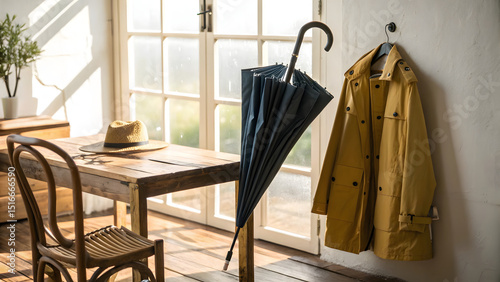 Interior scene featuring a closed umbrella, yellow raincoat hanging on a wall, straw hat on a wooden table, and a rustic chair near a window in a sunlit room