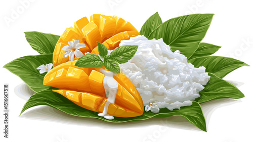 Thai mango sticky rice served on a green banana leaf with ripe mango slices and coconut milk drizzle, flat vector style