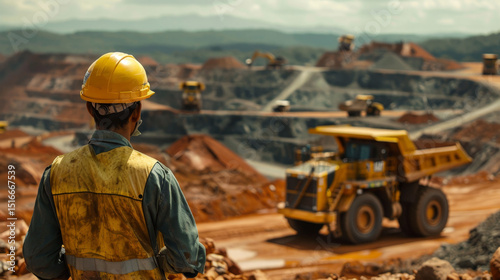 Back view photo of mining worker in yellow helmet, watching bulldozer and trucks in open-pit mine. photo