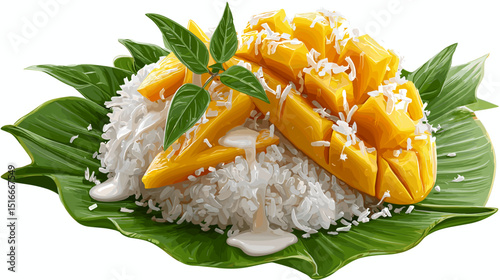 Thai mango sticky rice served on a green banana leaf with ripe mango slices and coconut milk drizzle, flat vector style