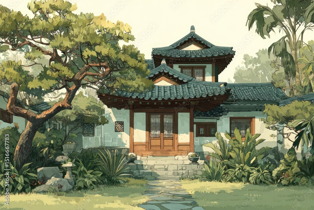 Fototapeta premium serene scene of traditional korean hanok house in garden rendered in minimalistic style