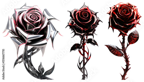 Fototapeta Naklejka Na Ścianę i Meble -  PNG Three metallic roses in silver and red with sharp petals element set on transparent background.