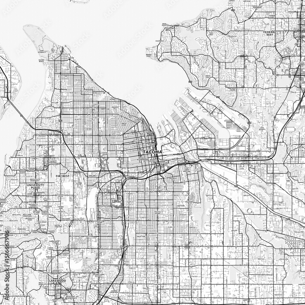 Naklejka premium Tacoma Area Map with Labels and Neighborhoods - One color, minimalistic design