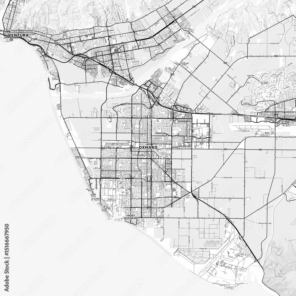 Naklejka premium Oxnard Area Map with Labels and Neighborhoods - One color, minimalistic design