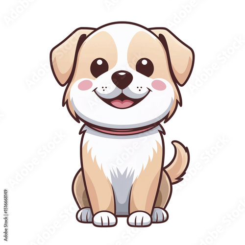 Smiling kawaii dog in flat vector style with pastel color palette, cute cartoon illustration for children’s design and playful content