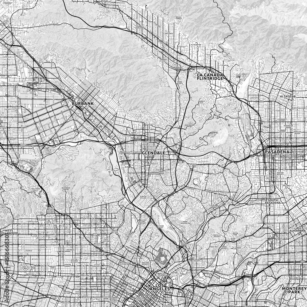 Obraz premium Glendale Area Map with Labels and Neighborhoods - One color, minimalistic design
