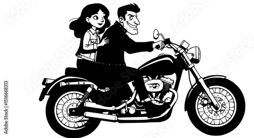 Cartoon biker with a sinister grin and a girl riding a motorcycle