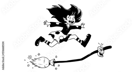 Wallpaper Mural Joyful Witch and Animated Broomstick Soaring Through the Air Torontodigital.ca