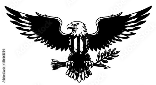 Majestic Bald Eagle Emblem Wings Spread Olive Branch and Arrow