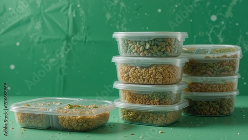 Stacked Plastic Containers Filled with Various Seeds and Nuts on a Green Background