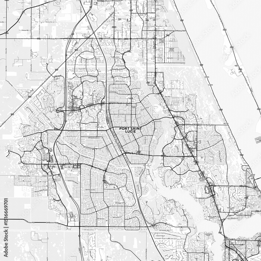 Naklejka premium Port St. Lucie Area Map with Labels and Neighborhoods - One color, minimalistic design