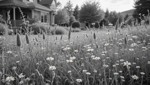 Black and White Landscape of a Meadow Filled with Daisies in Front of a House on a Sunny Day