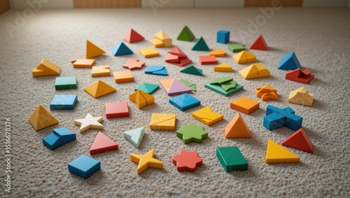 Variety of Colorful Geometric Shapes and Toys Arranged on a Soft Carpet Surface in Play Area