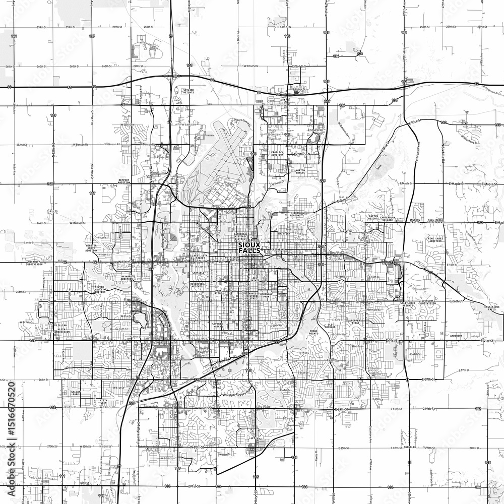 Fototapeta premium Sioux Falls Area Map with Labels and Neighborhoods - One color, minimalistic design