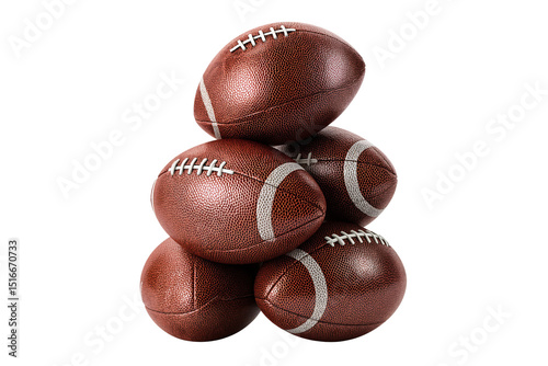 Stack of classic brown leather American footballs for sports, game, and athletic themed designs, isolated on transparent background