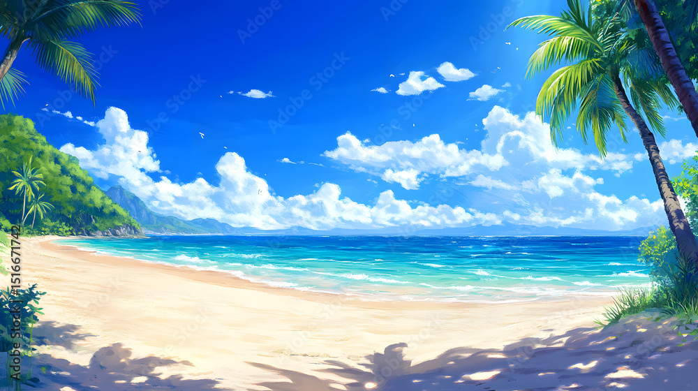 Obraz premium Tropical sea beach scene with clear turquoise water, white sandy shore and palm trees under a bright blue sky on a sunny day