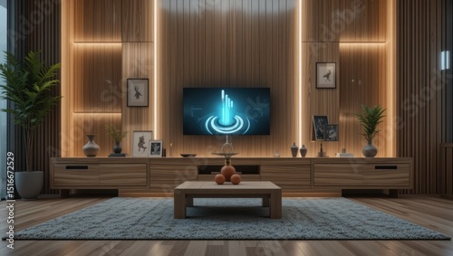 Modern Living Room Interior With Wooden Accents And Contemporary Technology Display