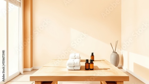 Minimalist Spa Interior with Natural Light and Aromatherapy Products on a Wooden Table