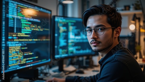 Young Male Programmer Working at Dual Monitors with Colorful Code Display in Modern Office