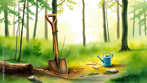 Wooden Shovel and Watering Can in Sunlit Forest Clearing Surrounded by Lush Greenery