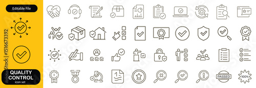 Quality control set of web icons in line style. Quality Check computing icons for web and mobile app. Containing inspection, evaluation, production, quality assurance, certificate, testing and more