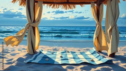 Coastal Scene with Relaxing Beach Setup Under Umbrella by the Ocean Waves and Soft Sand