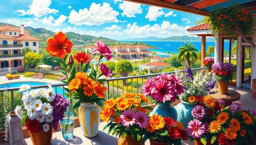 Colorful Flower Garden on a Balcony Overlooking a Scenic Seaside Resort Under a Bright Sky