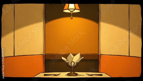 Elegant Table Setting with Folded Napkin Under Warm Lighting in Cozy Restaurant Interior