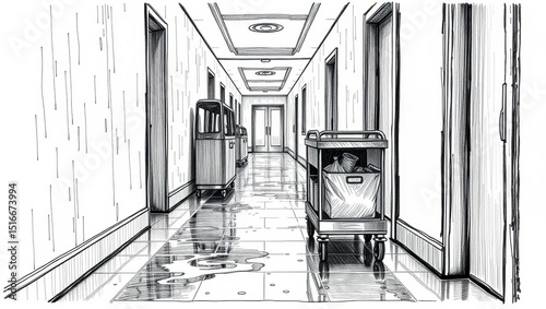 Empty Monochrome Hallway with Distinctive Lines and Perspective in Modern Architecture